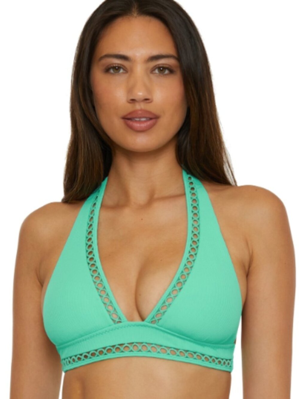 BECCA Modern Edge Rib Cassidy Halter Top Women's Swimwear Aqua Sea Size M 8680